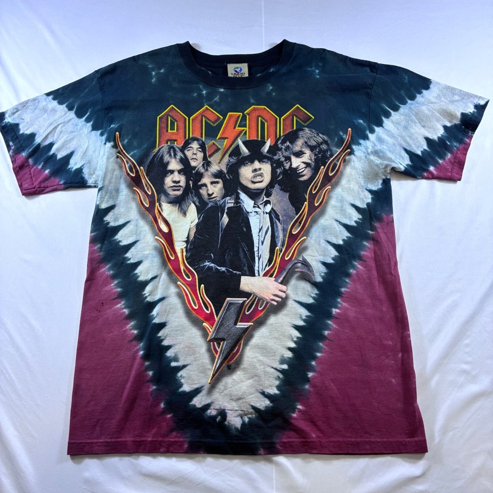 VTG 2003 AC/DC Highway to Hell Liquid Blue Tie Dye Shirt Mens L Black Red 666